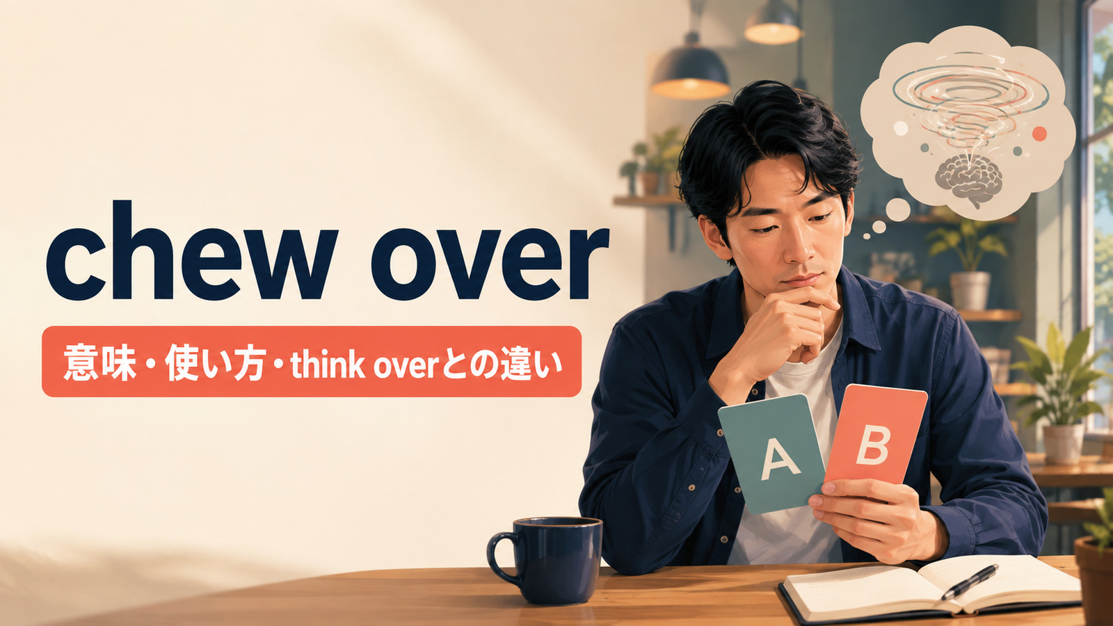 chew overの意味は？「じっくり考える」の使い方・語順とthink overとの違い