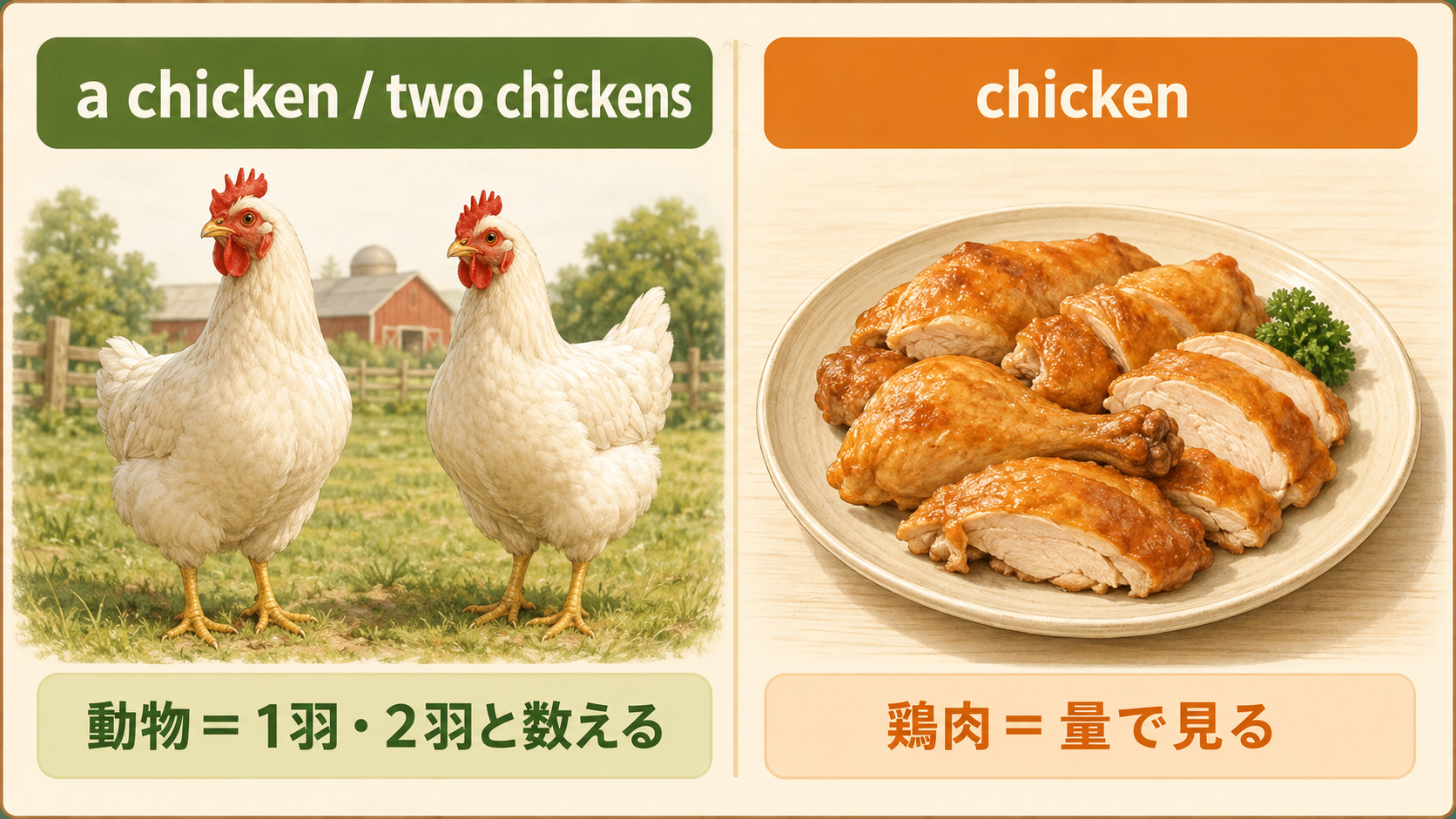 動物のchickenは1羽ずつ数え鶏肉のchickenは量として見る図解