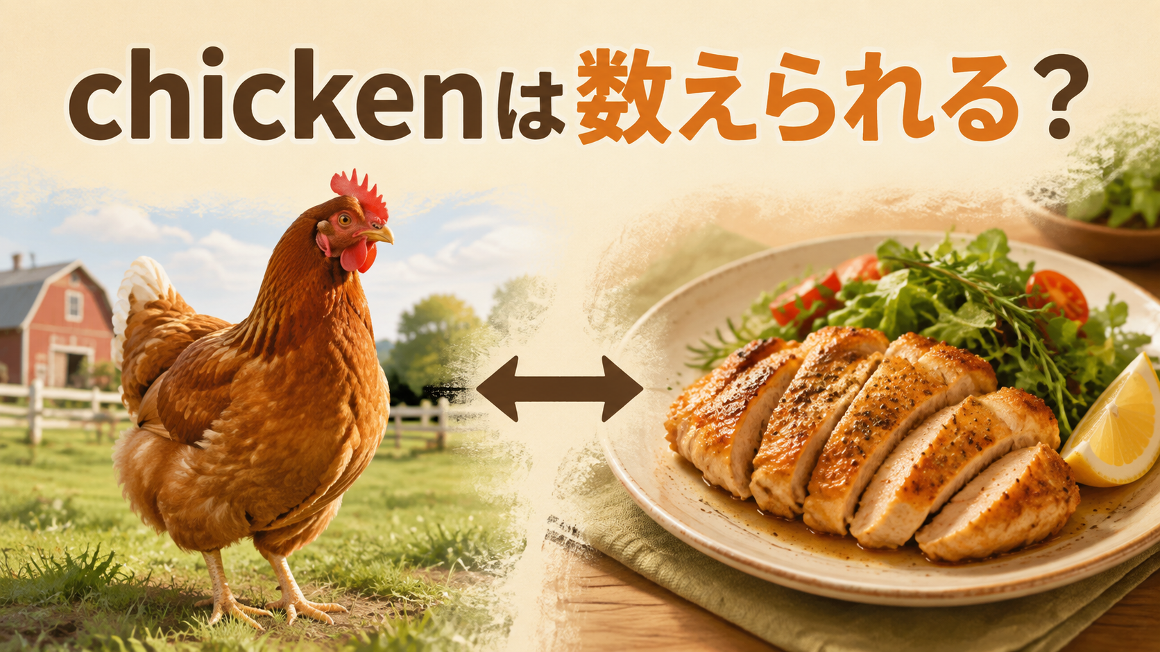 chickenが動物と鶏肉で数え方が変わることを示すアイキャッチ画像