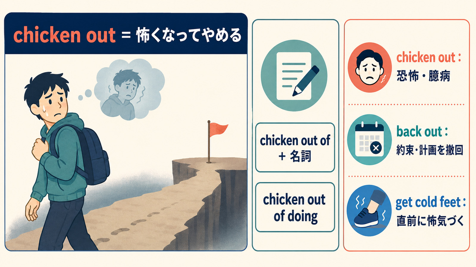 chicken out ofの語順とback out・get cold feetとの違いを示す解説図