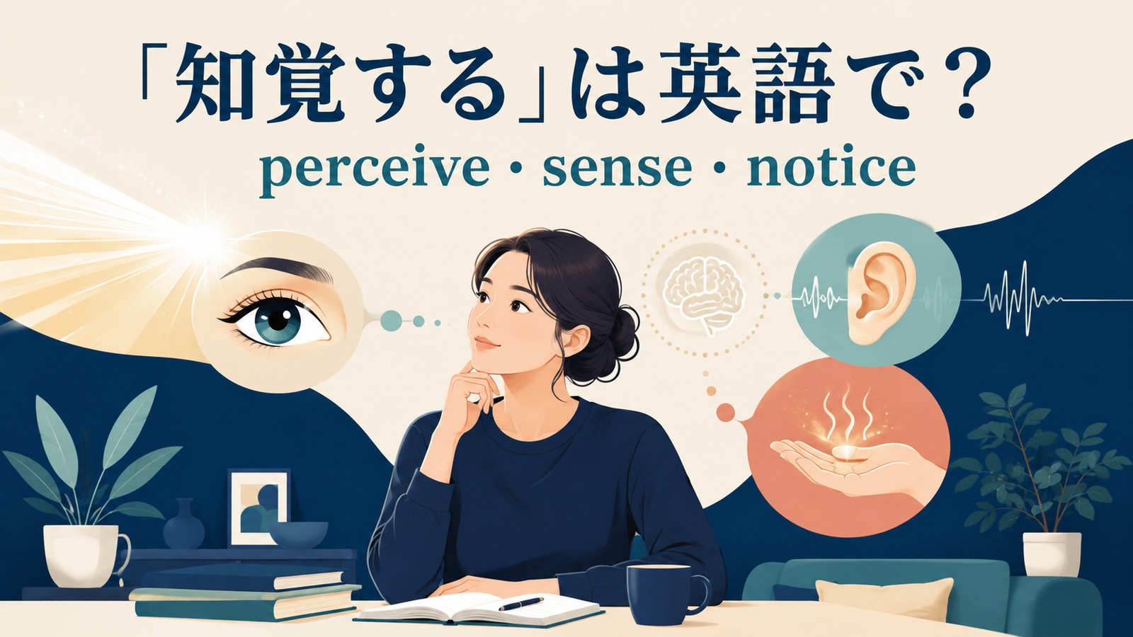 「知覚する」を表すperceive・sense・noticeの違いを解説するアイキャッチ画像
