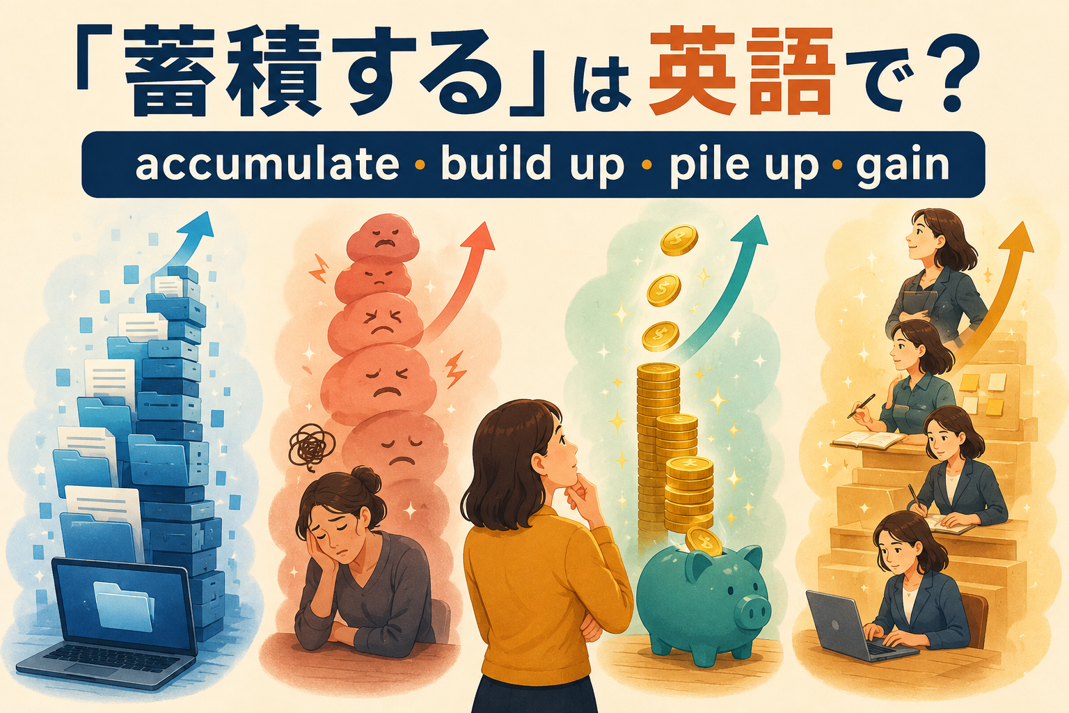 「蓄積する」は英語で？accumulate・build up・pile up・gainの違いと簡単な言い方