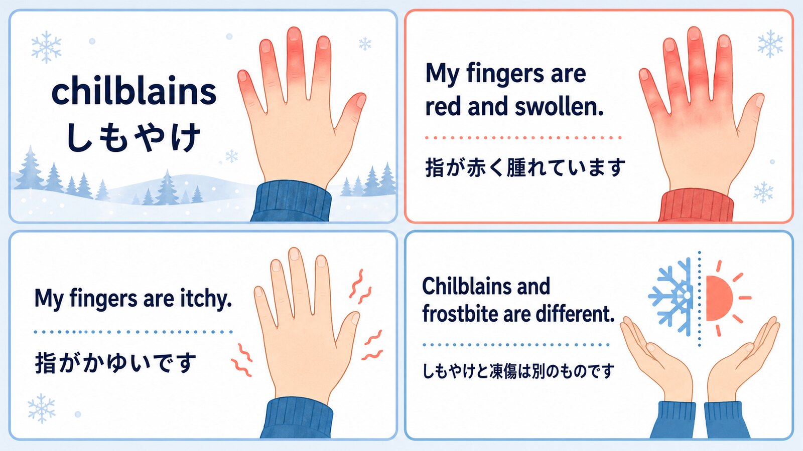 chilblains・指が赤く腫れている・指がかゆい・凍傷との違いを示した英語図解