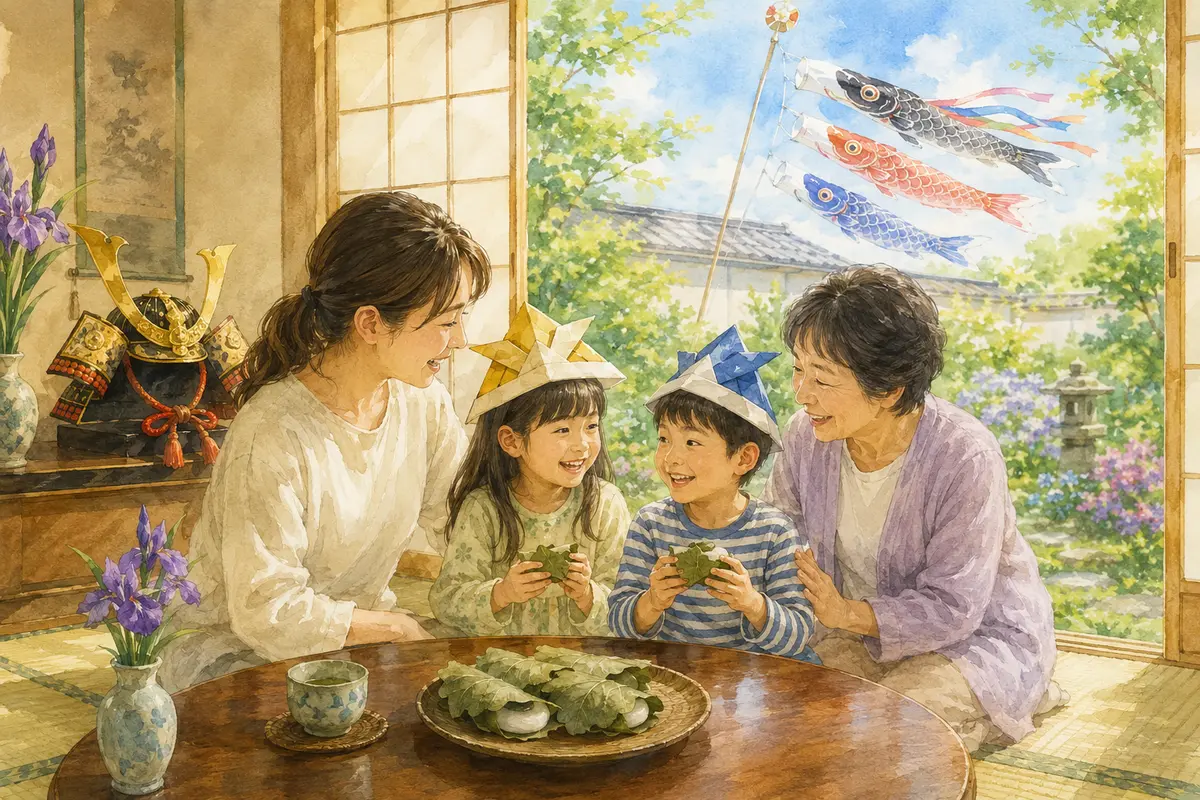 こどもの日に鯉のぼりや兜を飾り柏餅を囲む家族のイラスト