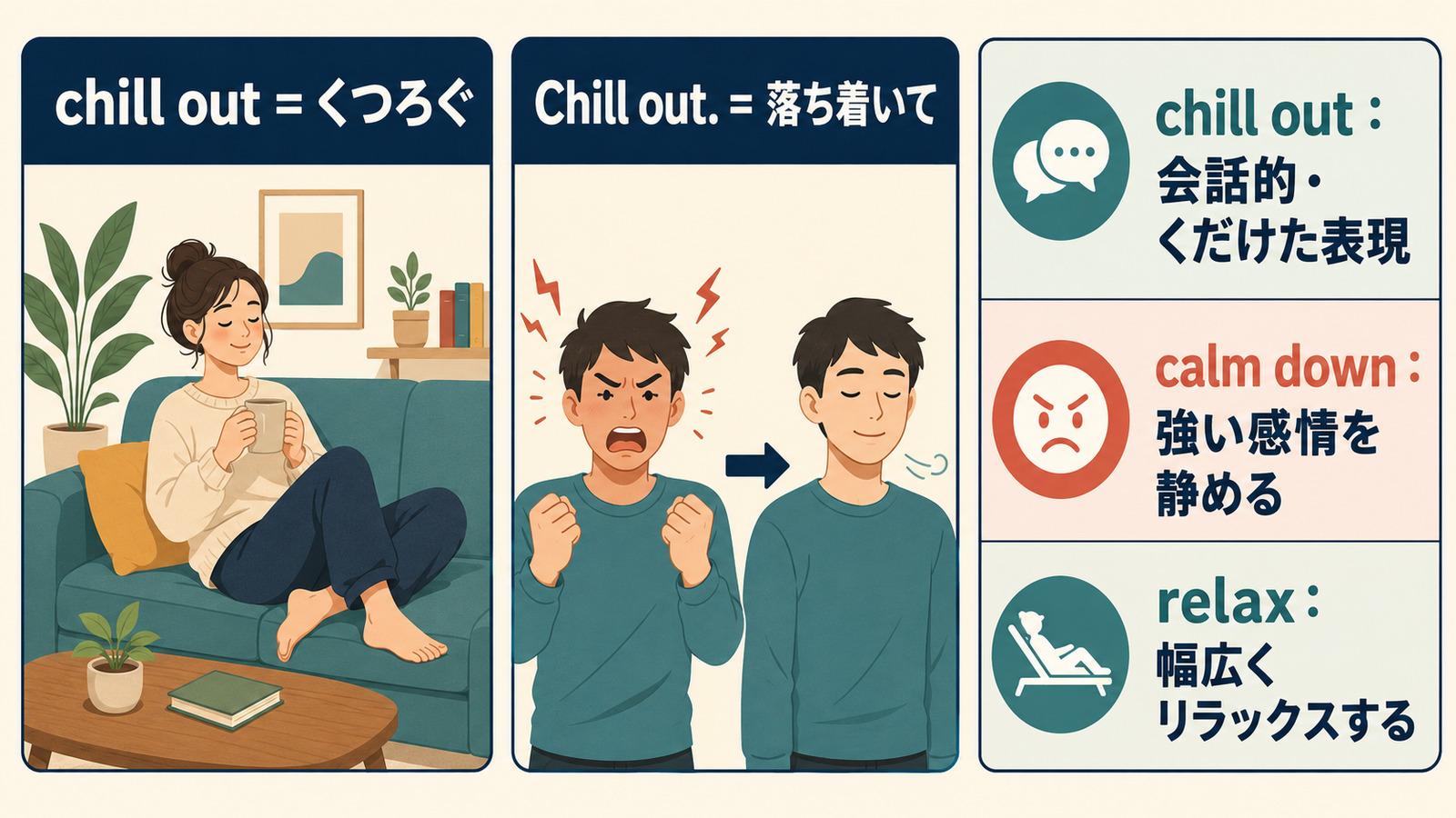 chill outのくつろぐ・落ち着いての用法とcalm down・relaxとの違いを示す解説図