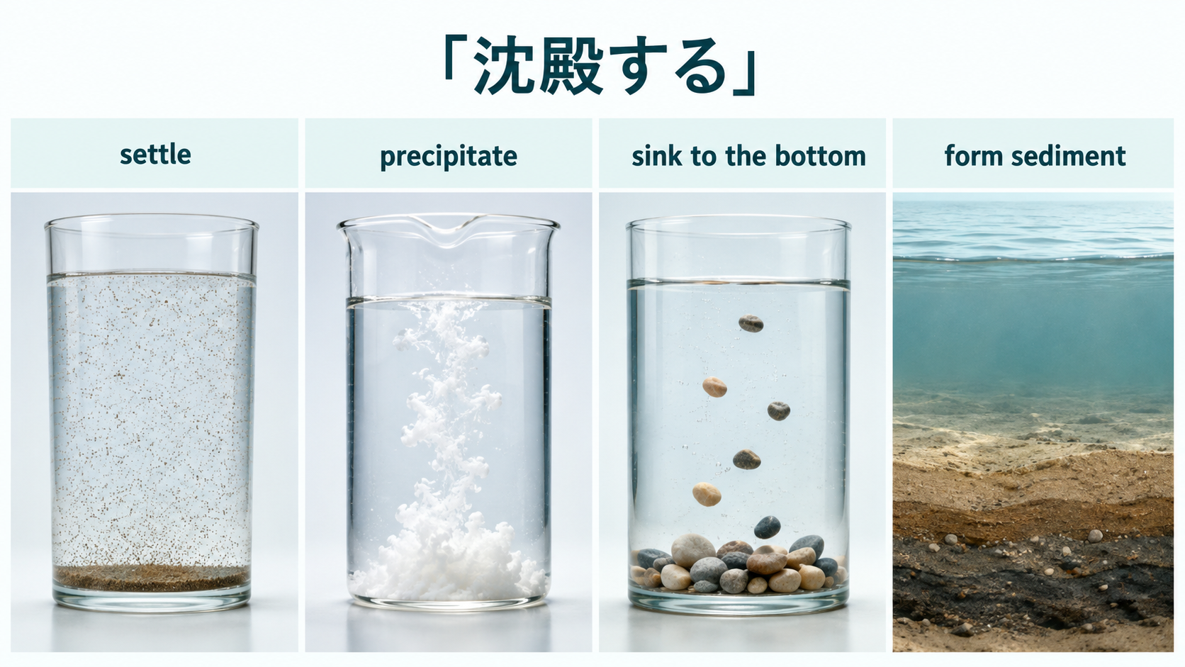 settle・precipitate・sink to the bottom・form sedimentの違いを示す図