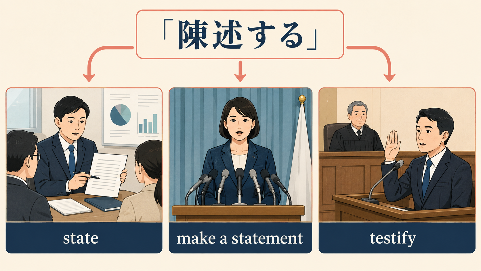 陳述するをstate、make a statement、testifyに分けた図