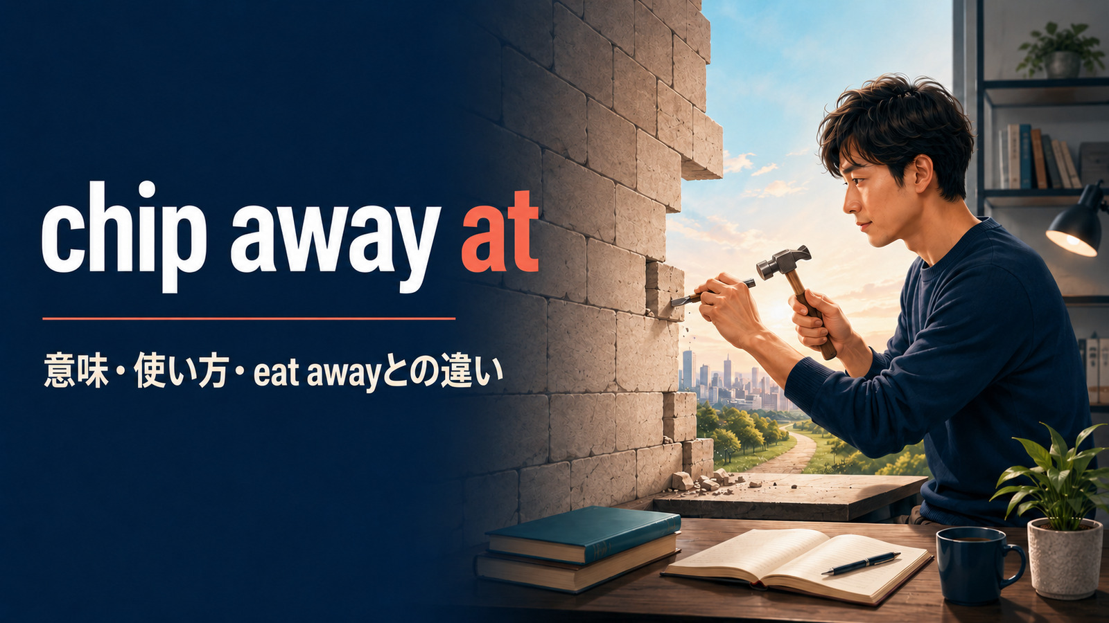 chip away atの意味は？「少しずつ削る・弱める」の使い方とeat away atとの違い