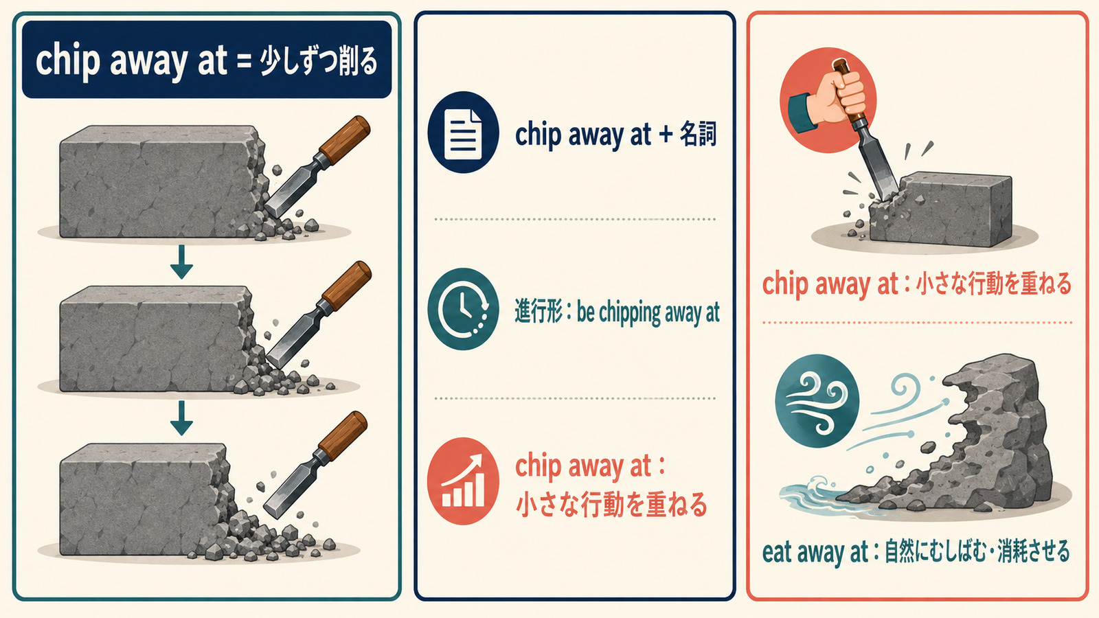 chip away atの語順・進行形とeat away atとのニュアンスの違いを示す解説図