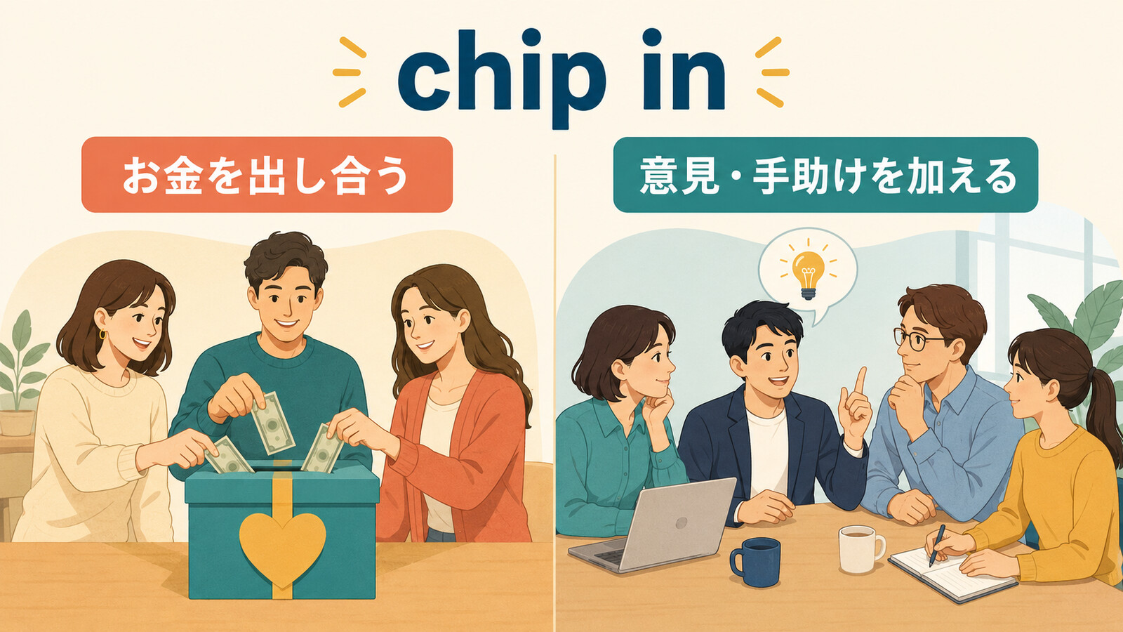 chip inの「お金を出し合う」と「意見・手助けを加える」の2つの意味を示す図解