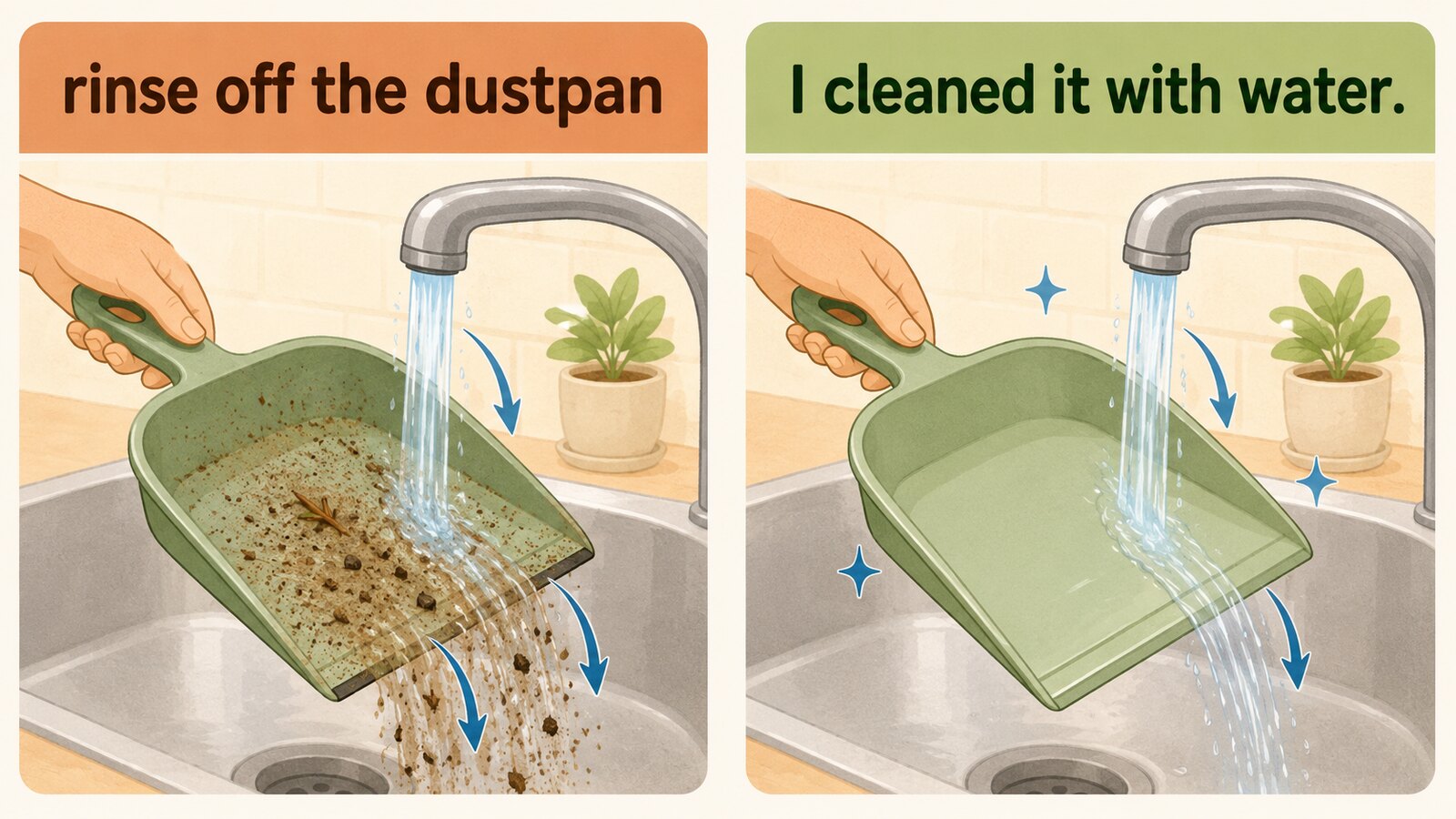 rinse off the dustpanとI cleaned it with waterの言い換え図