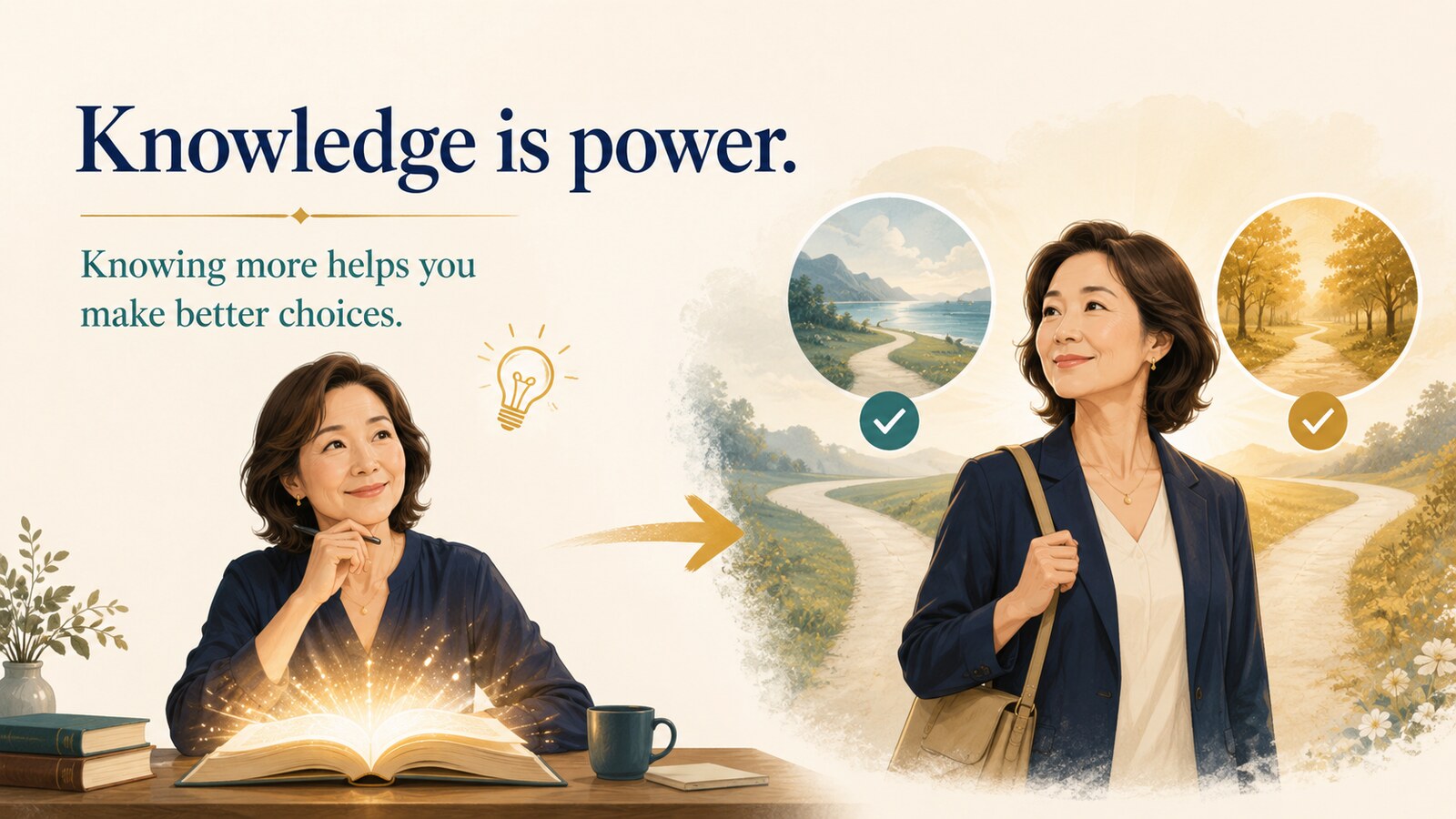 Knowledge is power.と簡単な英語の言い換えを解説するイラスト