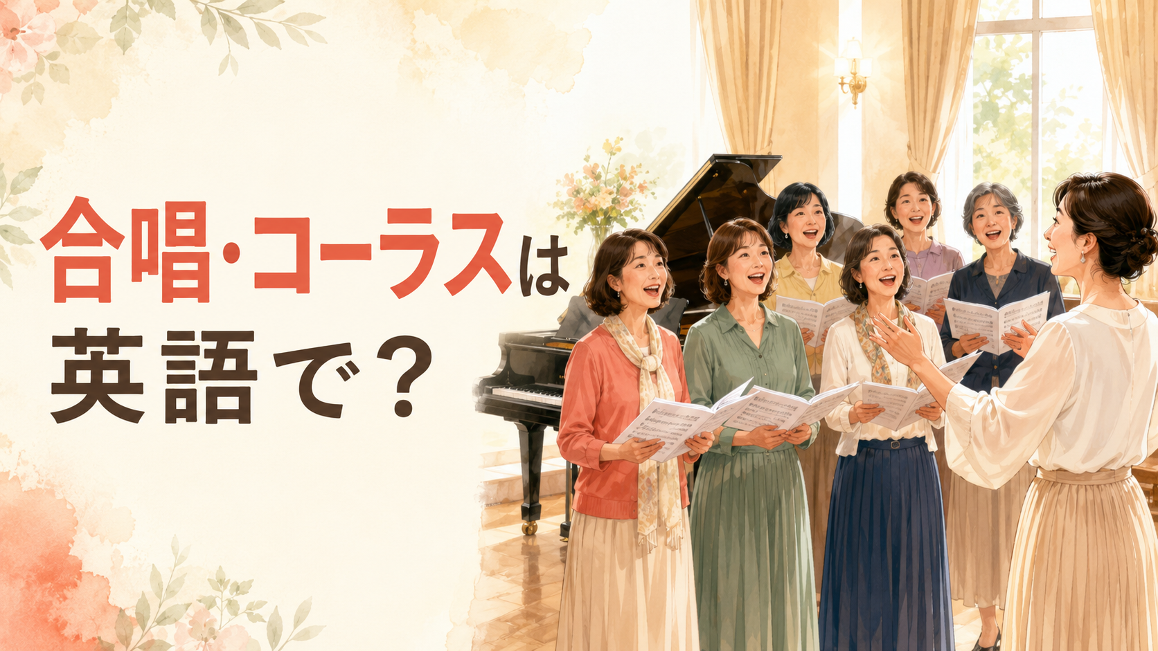 合唱・コーラスは英語で?女性合唱団が歌う横長イラスト