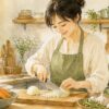 玉ねぎを細かくみじん切りにする女性の水彩イラスト