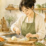 玉ねぎを細かくみじん切りにする女性の水彩イラスト