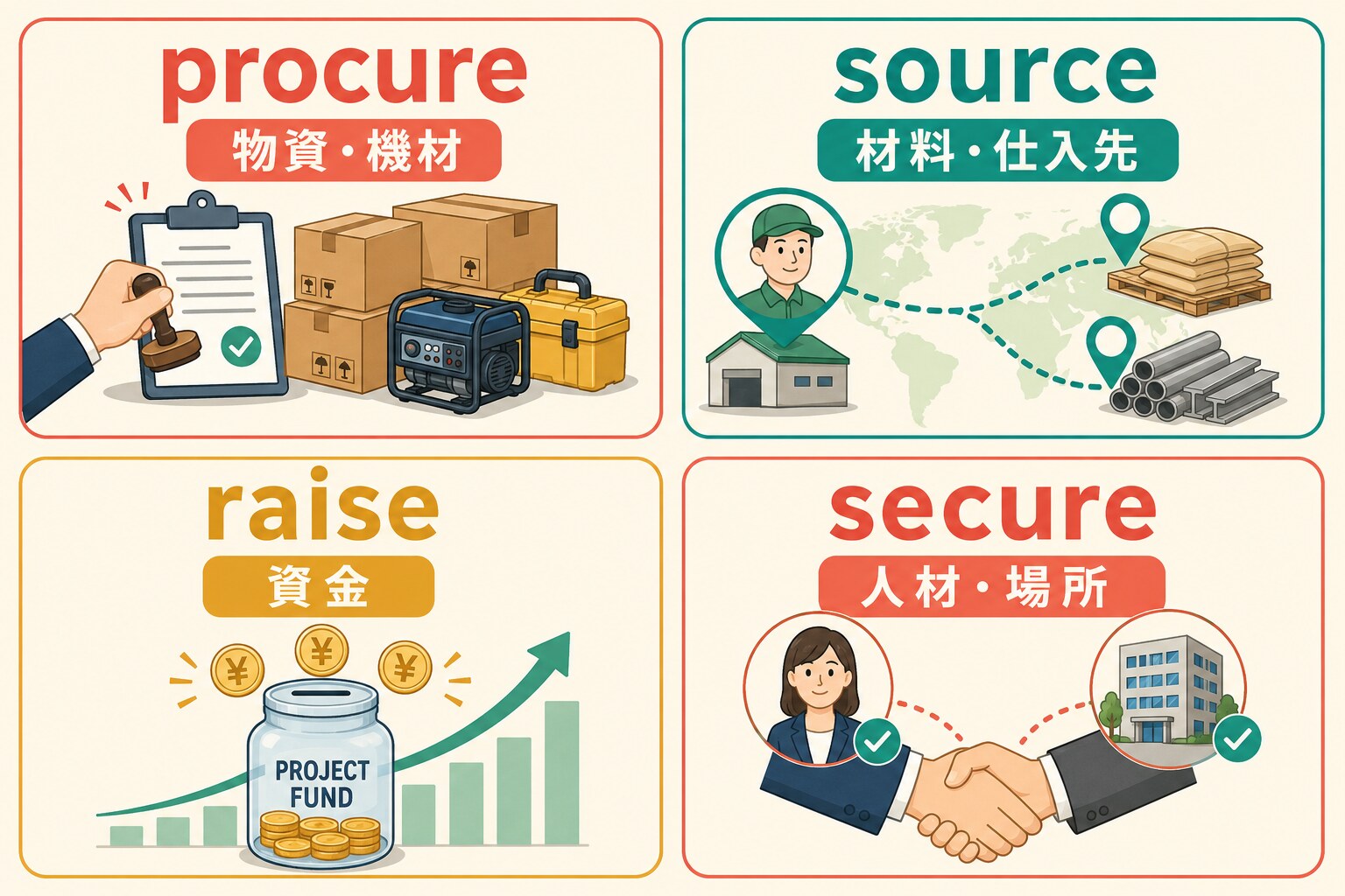 procure・source・raise・secureの使い分け比較