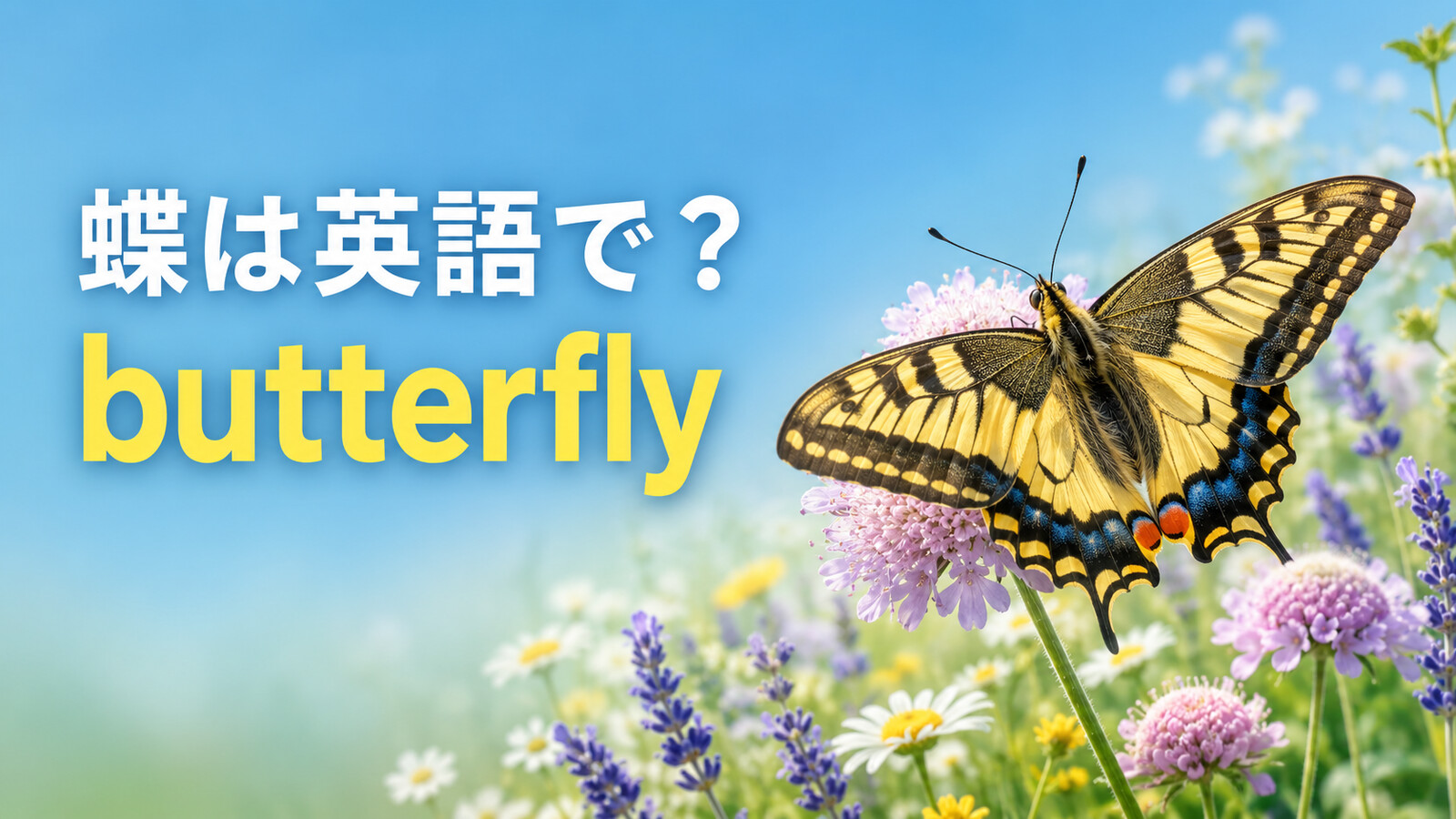 花にとまるアゲハ蝶と「蝶は英語で？ butterfly」の文字
