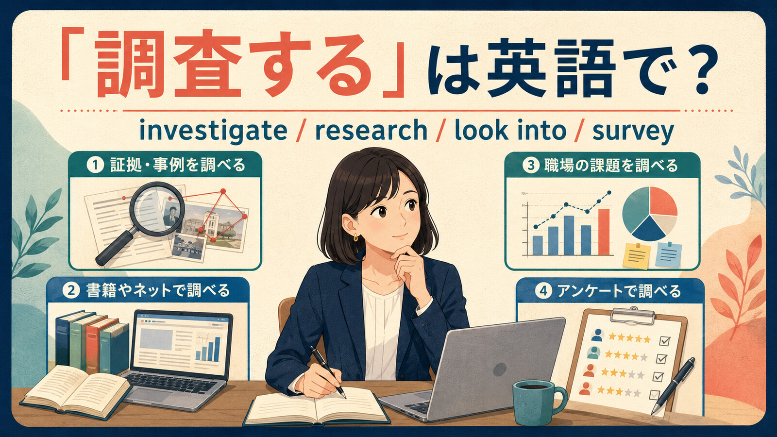 「調査する」は英語で?investigate・research・look into・surveyの違い