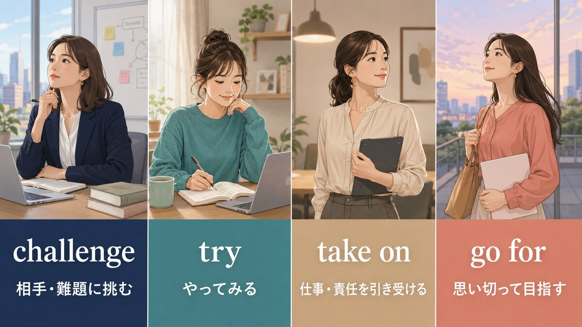 challenge・try・take on・go forの意味を4場面で比較