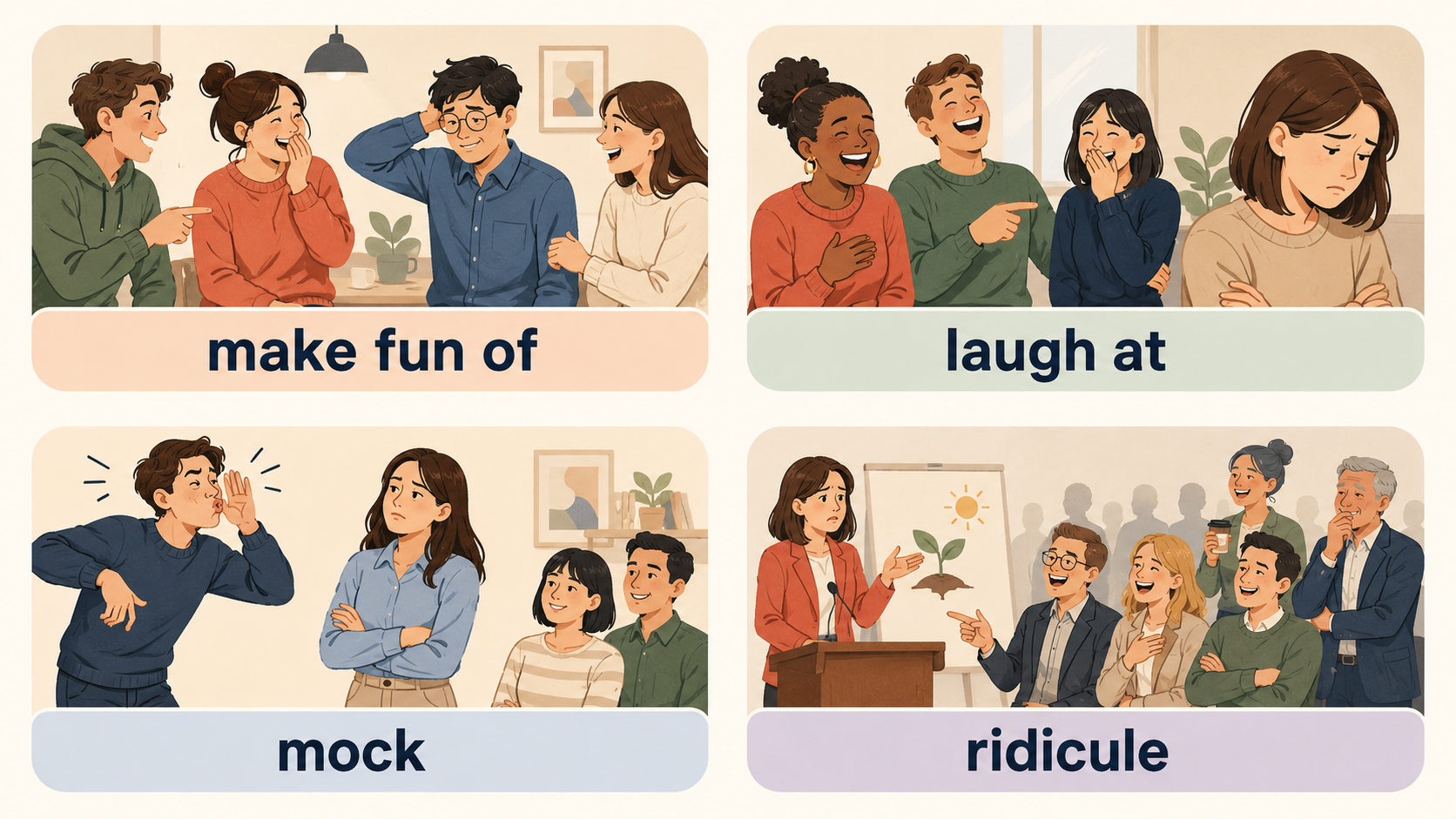 make fun of・laugh at・mock・ridiculeの違いを示すイラスト