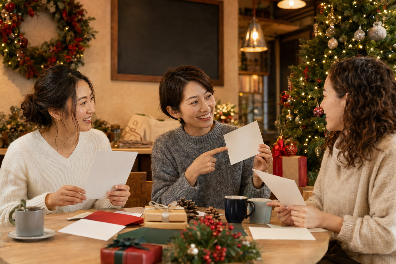 クリスマスカードの英語メッセージについて話す女性たち
