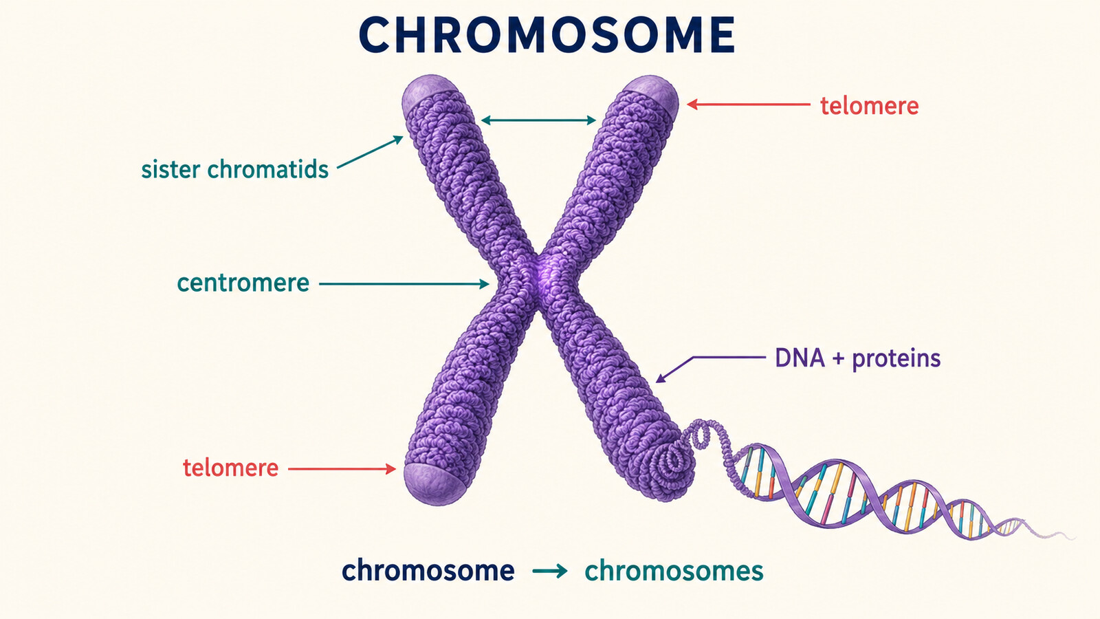 chromosomeのsister chromatids、centromere、telomere、DNAとタンパク質を示す英語図解