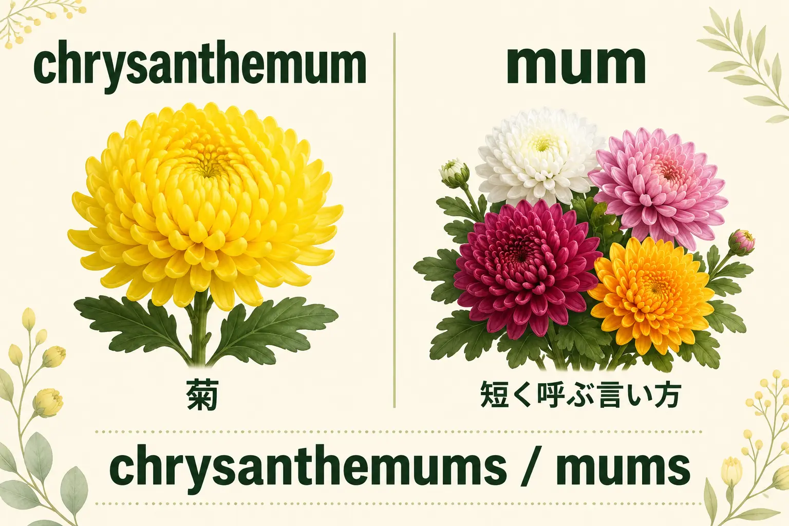 菊を表すchrysanthemumと短い呼び方mum、複数形を示した図