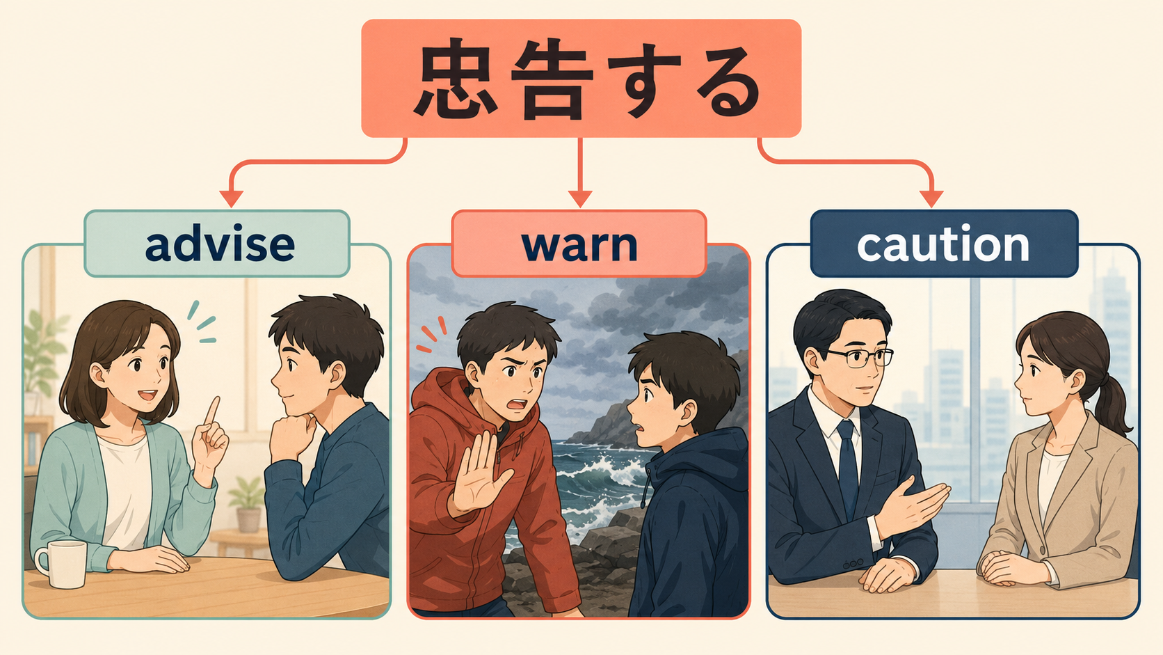 忠告するをadvise、warn、cautionに分けた図