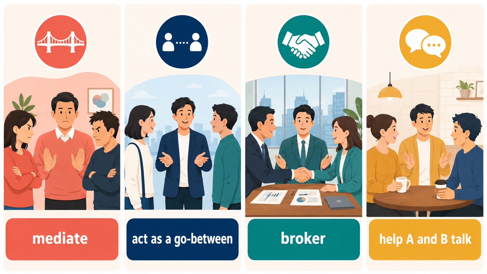 mediate・act as a go-between・broker・help A and B talkの違いを示すイラスト