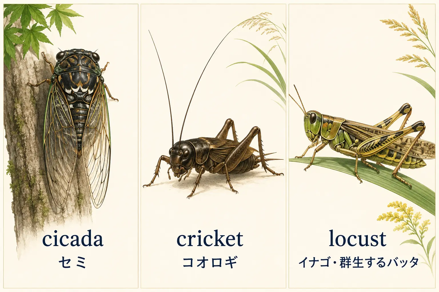 cicadaセミ・cricketコオロギ・locustイナゴの違い