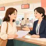 市役所の窓口で英語を使って手続きをする女性