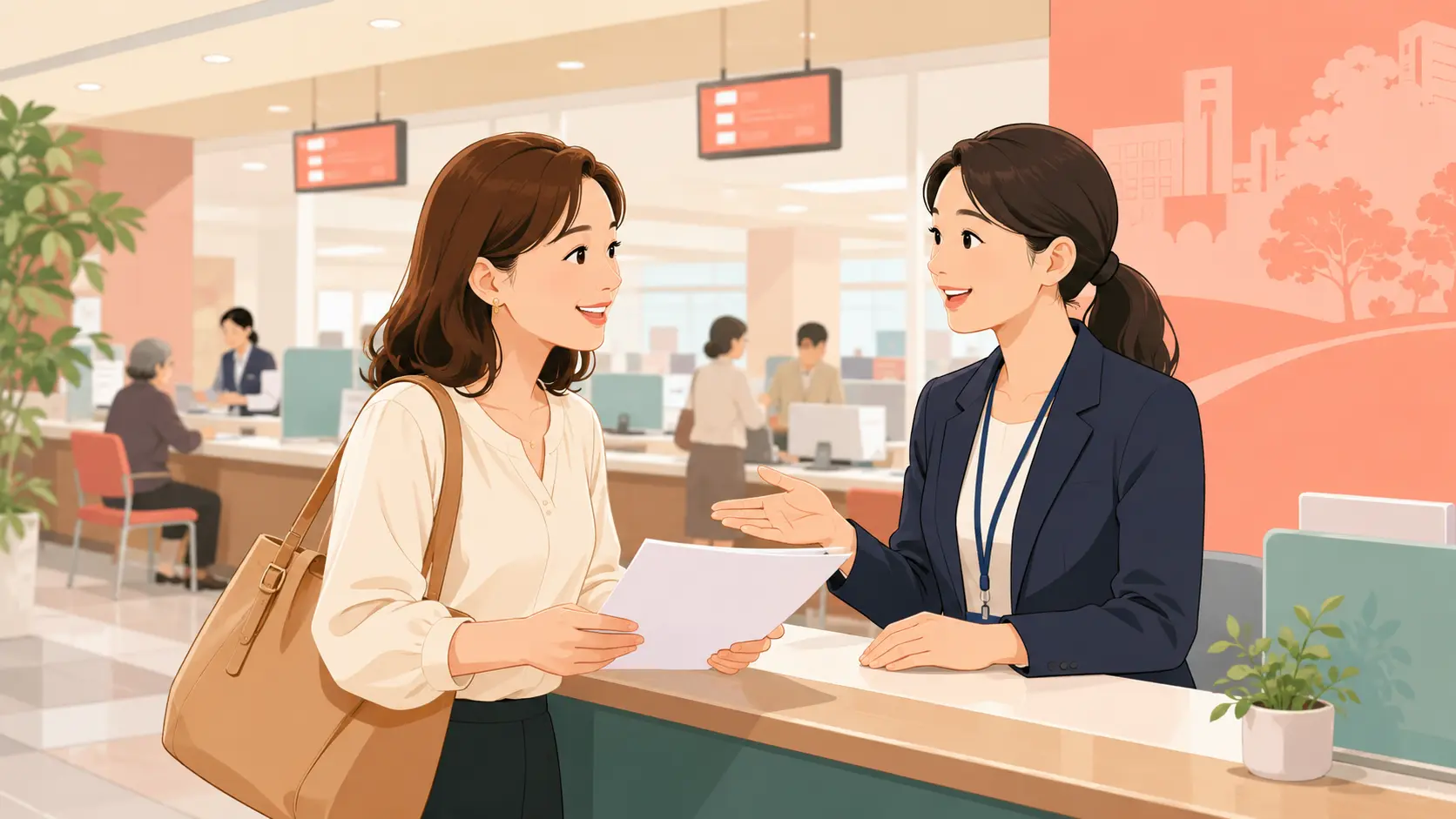 市役所の窓口で英語を使って手続きをする女性