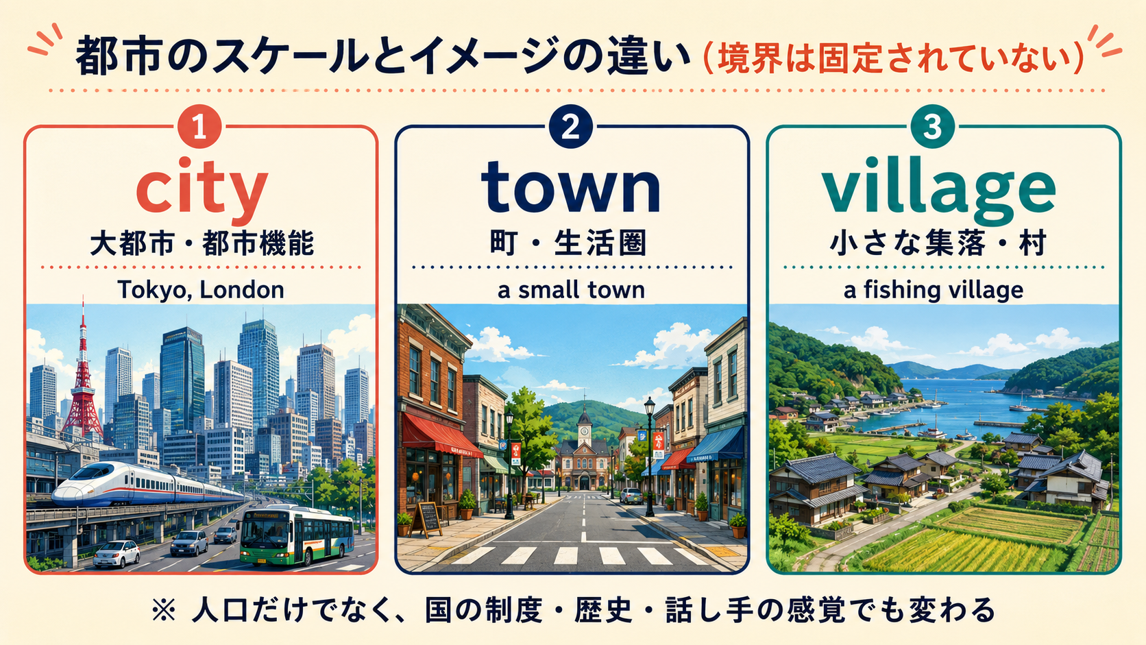 city・town・villageの規模と自然な使い分けを比較した図解