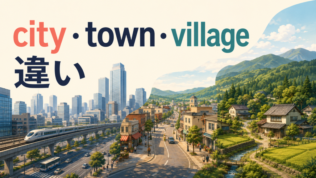 city・town・villageの規模と景観の違いを表したアイキャッチ