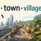 city・town・villageの規模と景観の違いを表したアイキャッチ