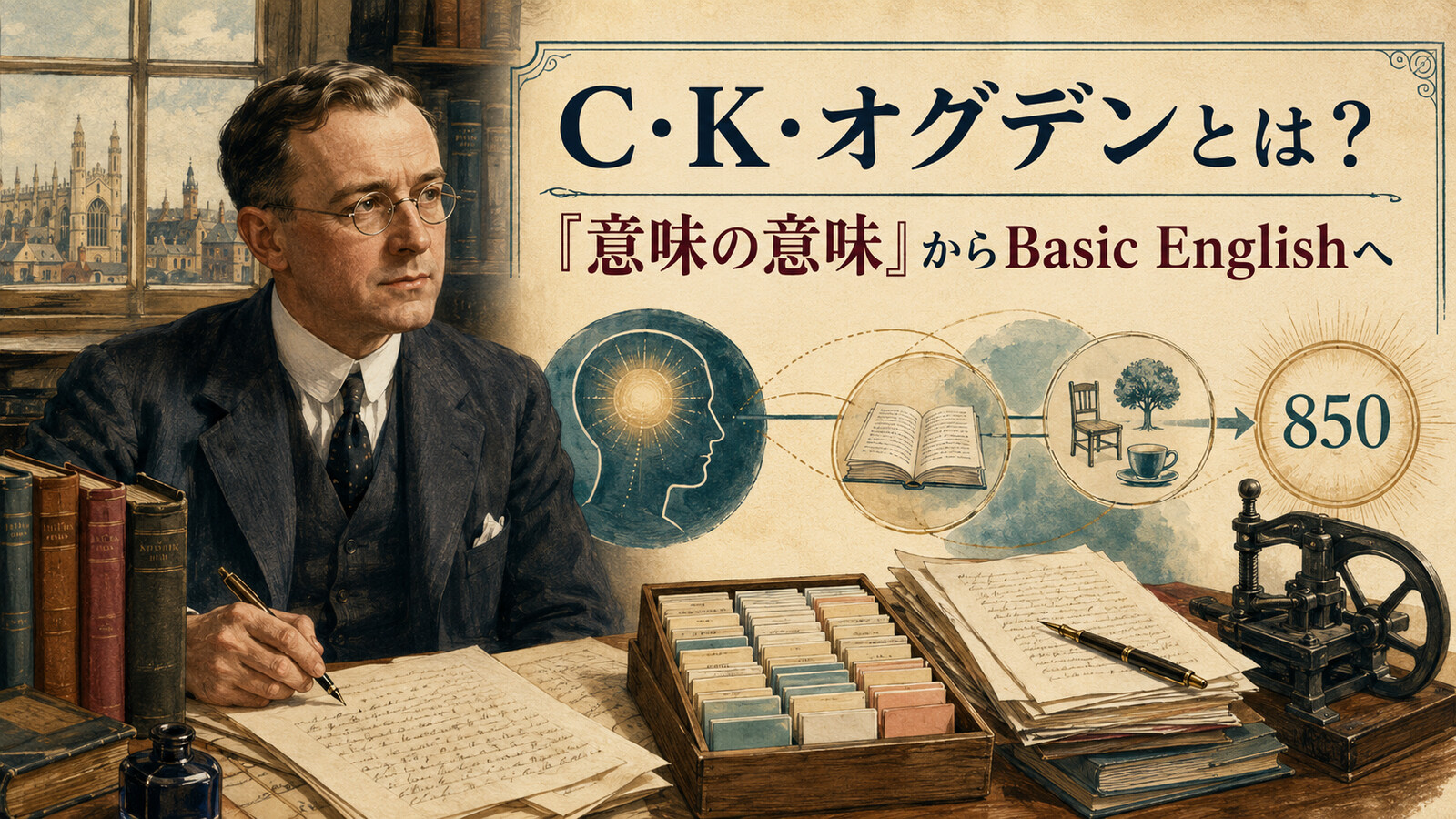 C・K・オグデンと『意味の意味』からBasic Englishへ至る研究を表すアイキャッチ