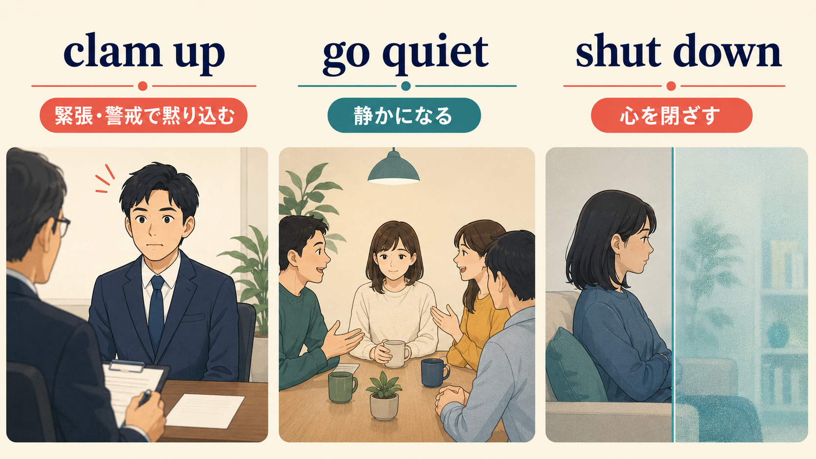 clam up、go quiet、shut downのニュアンスの違い
