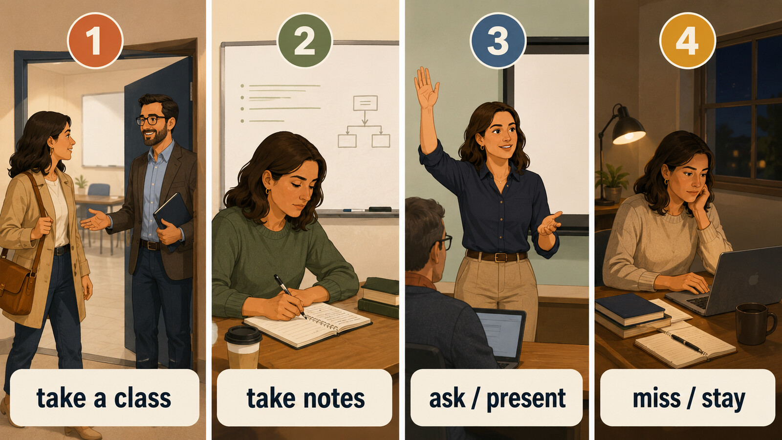 take a class・take notes・ask・presentなど授業場面を整理した図