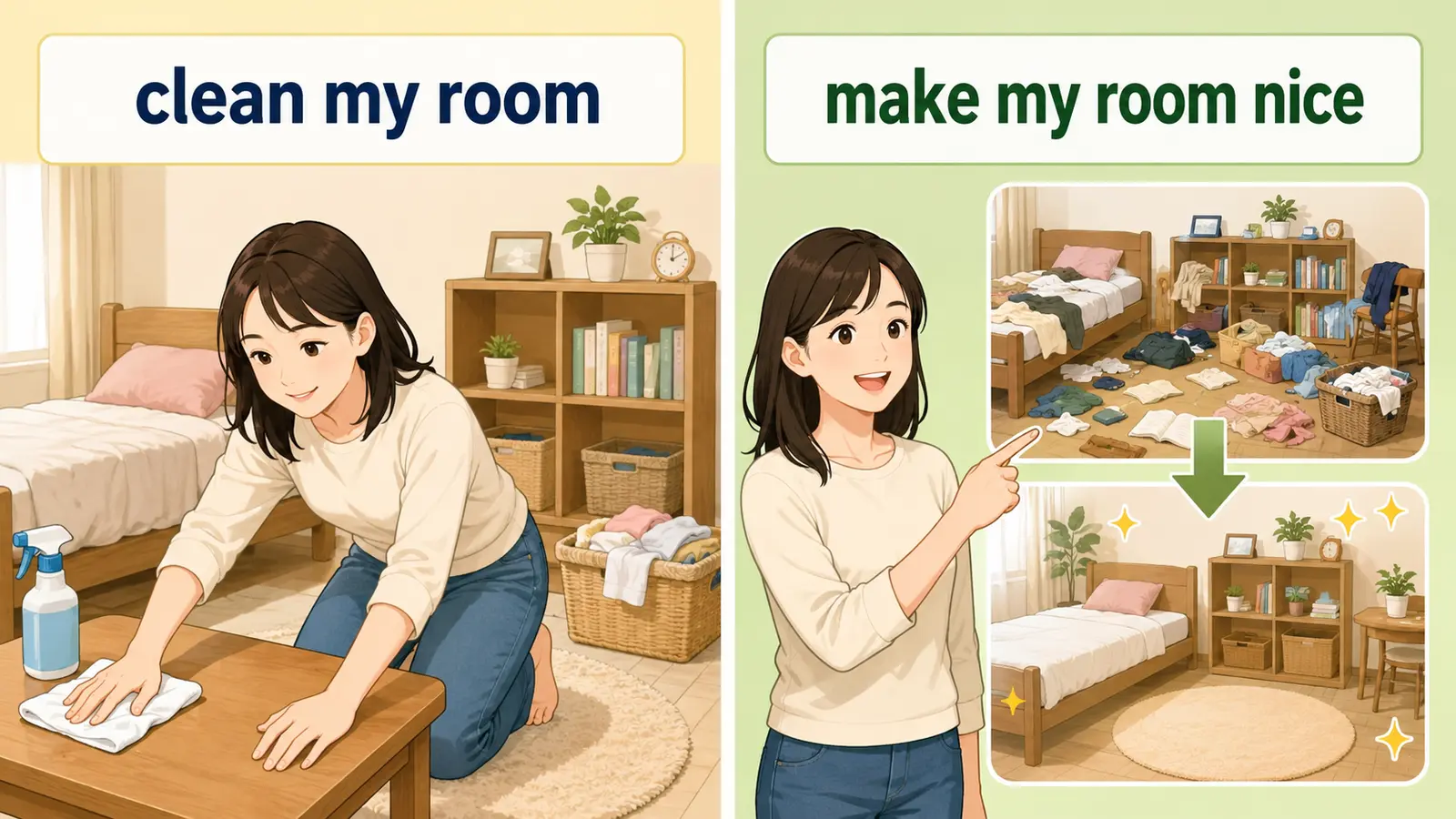 clean my roomをmake my room niceと言い換えるしゅみすけ式の解説イラスト