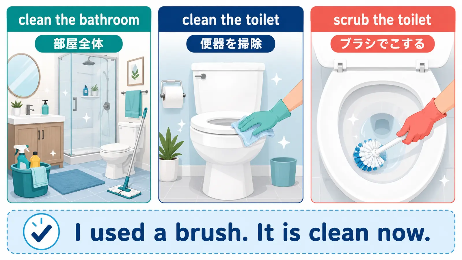 clean the bathroom・clean the toilet・scrub the toiletの違いと基本語の言い換え図解