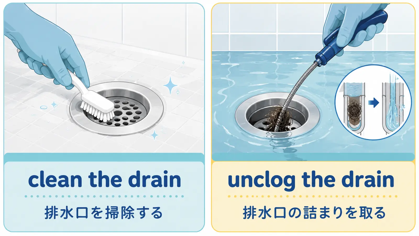 clean the drainは排水口を掃除する、unclog the drainは詰まりを取ることを示す図