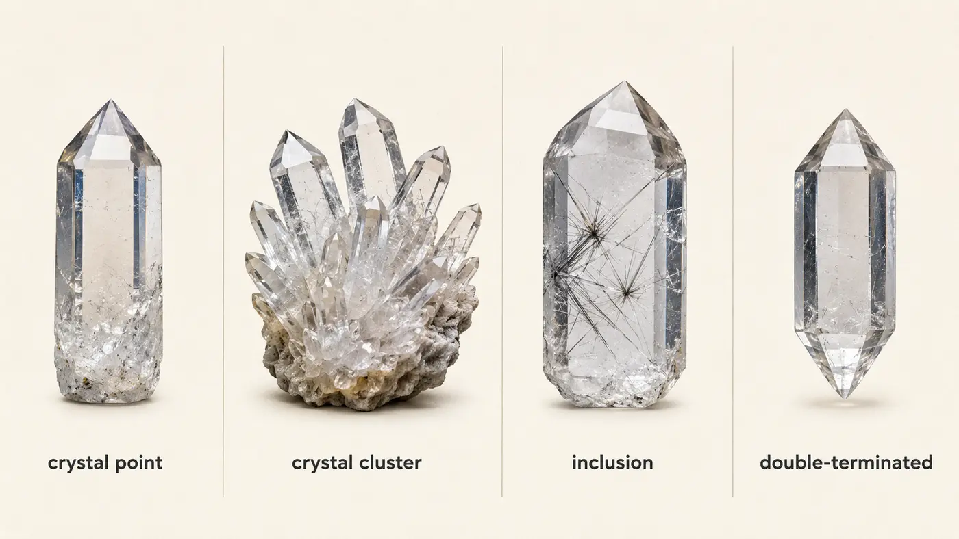 crystal point、crystal cluster、inclusion、double-terminatedを示す水晶の英語解説図