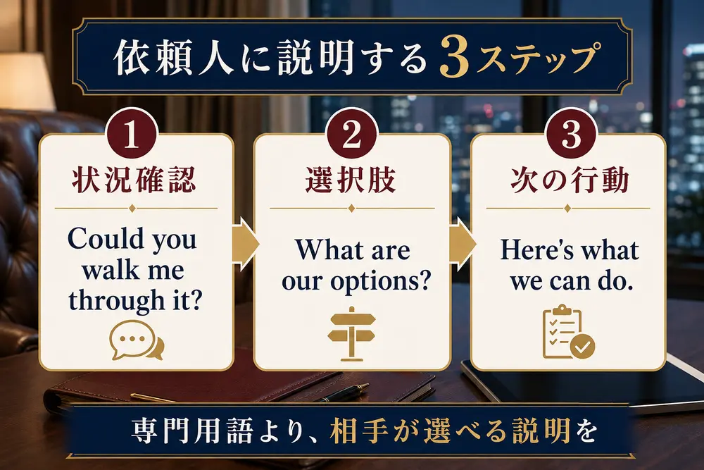 状況確認・選択肢・次の行動を英語で説明する3ステップ