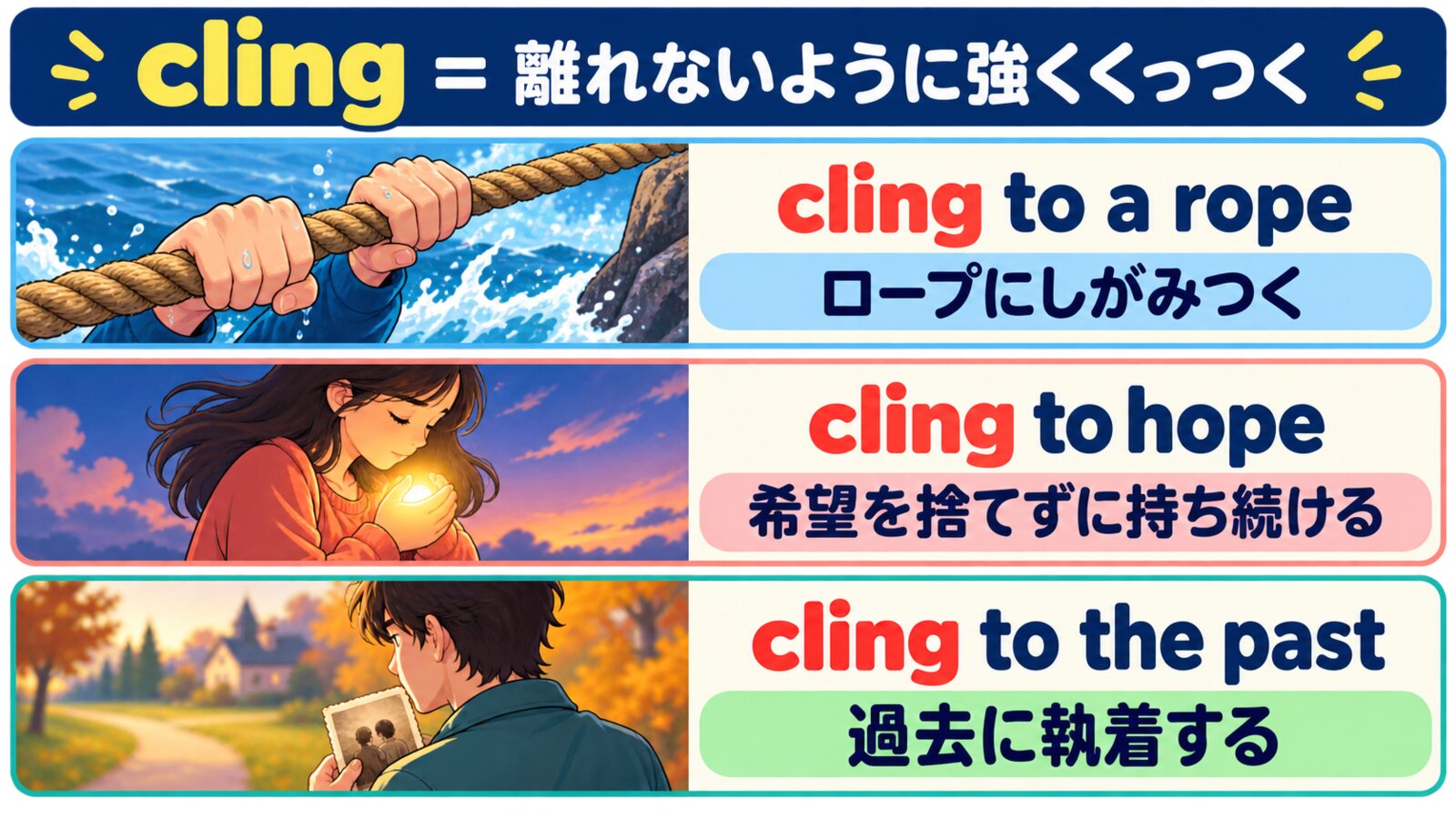 cling to a rope・cling to hope・cling to the pastの意味を比較する解説イラスト