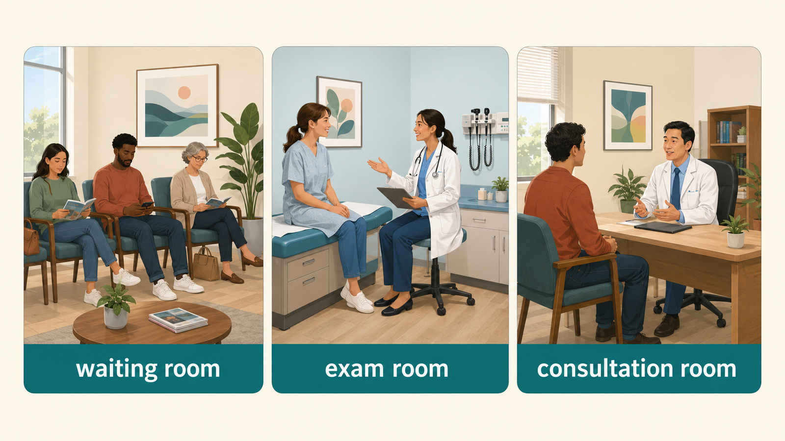 病院のwaiting room・exam room・consultation roomの違いを示す解説図