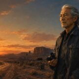 クリント・イーストウッドの英語の名言をイメージした、夕暮れの荒野に立つ老監督のイラスト