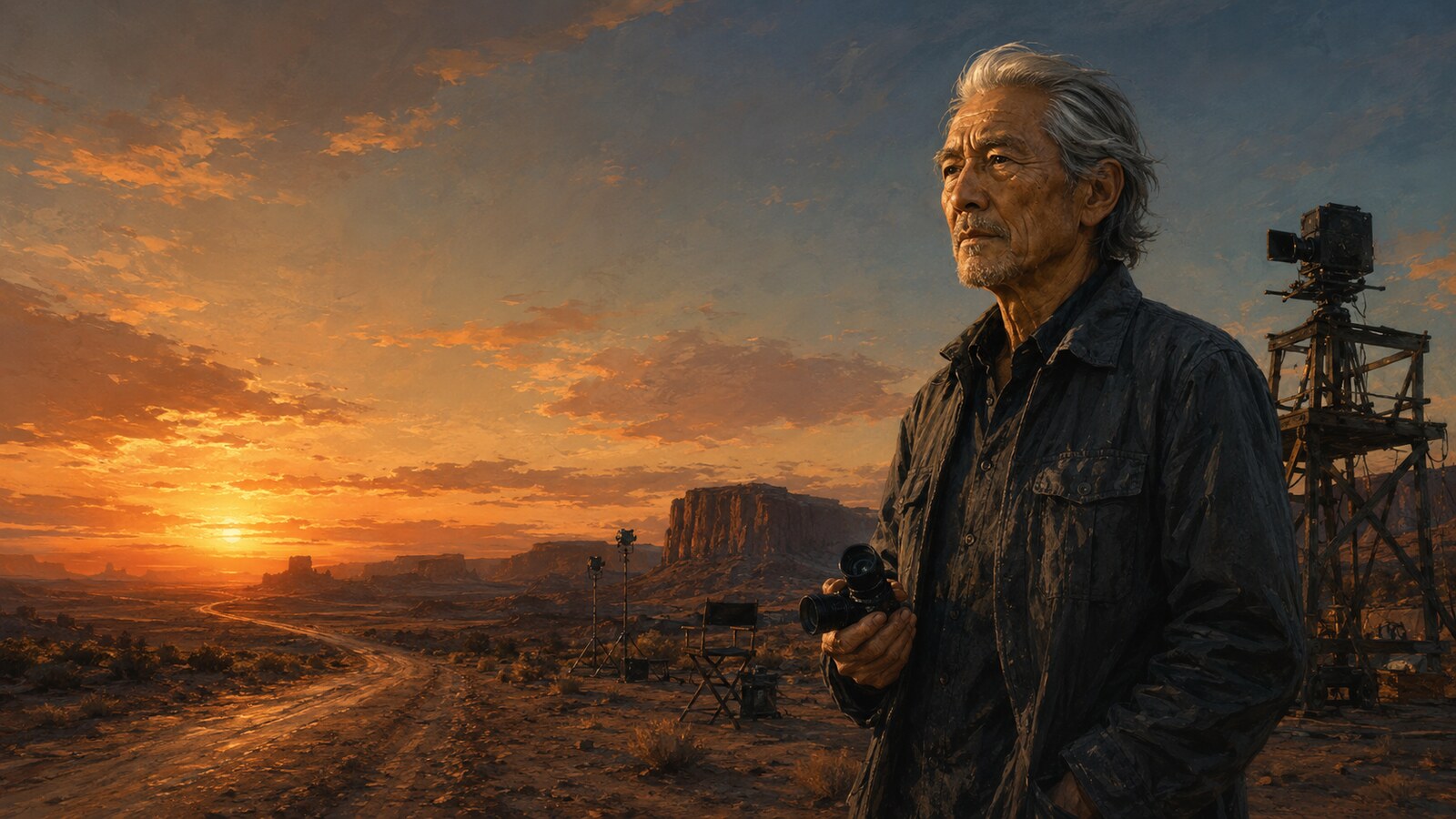 クリント・イーストウッドの英語の名言をイメージした、夕暮れの荒野に立つ老監督のイラスト
