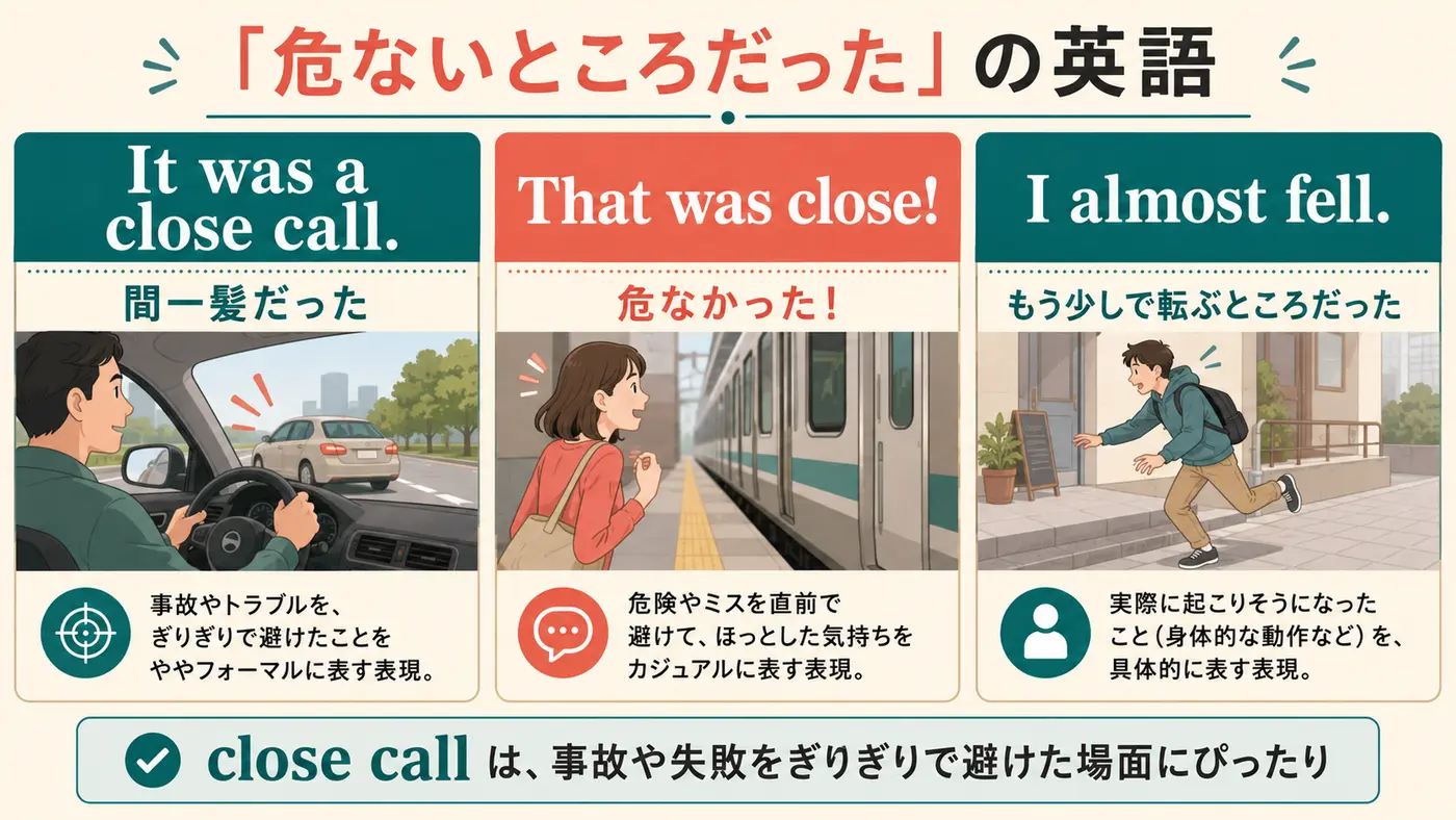 危ないところだったの英語表現Close call・That was close・almostの違い