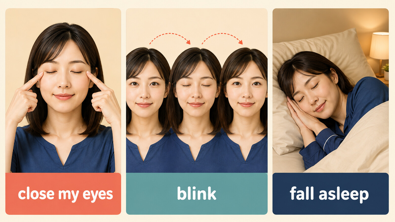 close my eyes、blink、fall asleepの動作の違いを示す比較イラスト