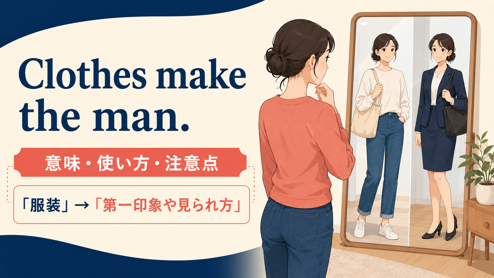Clothes make the man.の意味・使い方・ニュアンスを解説するアイキャッチ画像